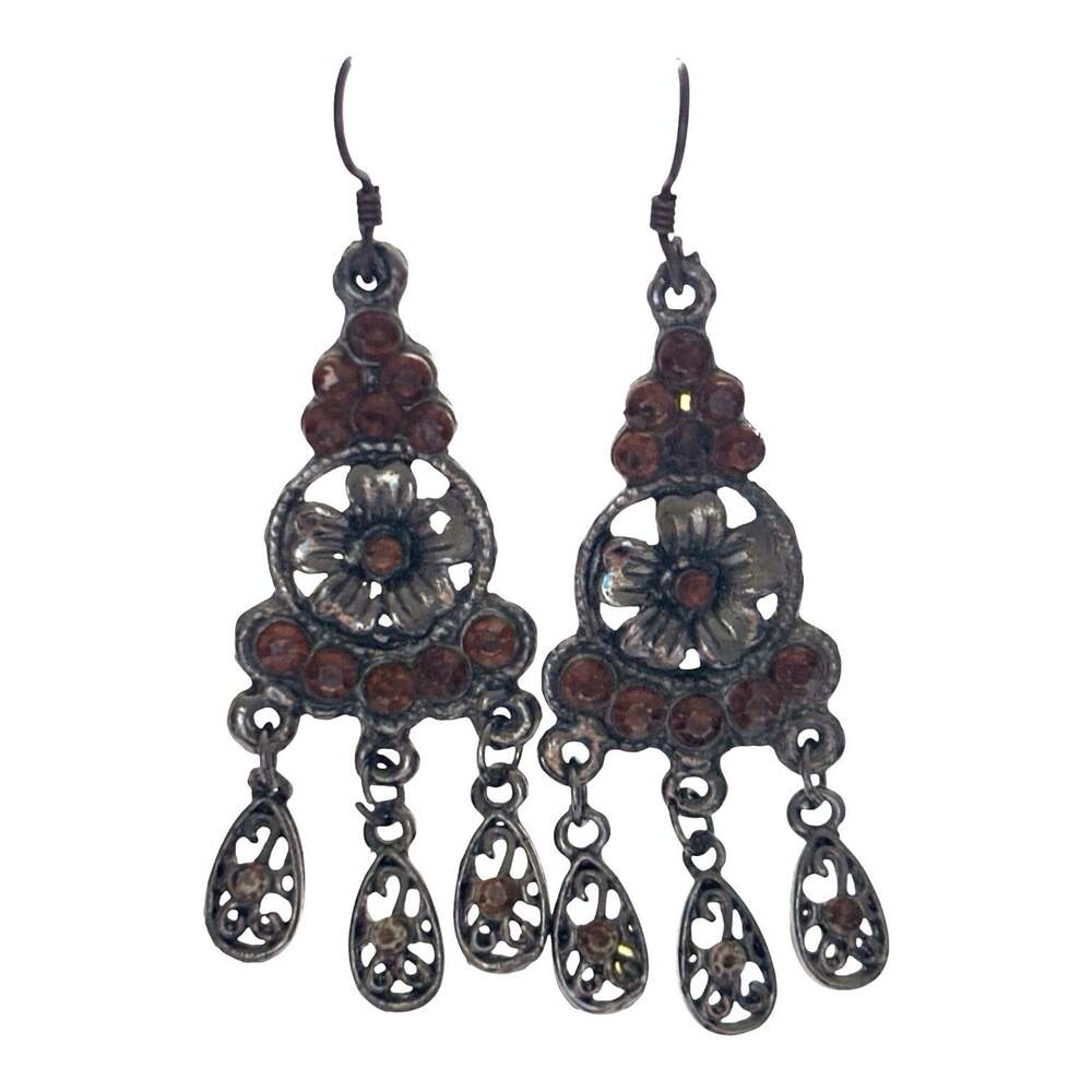 gothic Victorian brown Crystal flower chandelier drop earrings gunmetal hook